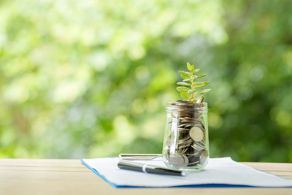 Plant growing from coins in the glass jar on blurred green natur